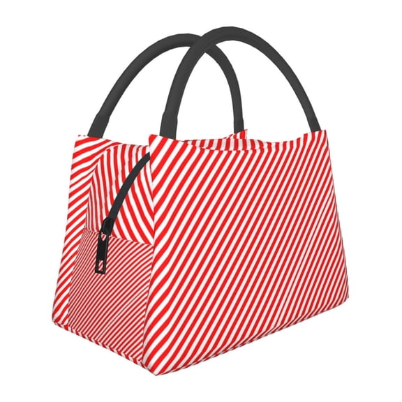 Red White Vertical Stripe Pattern Lunch Tote Bag Trendy Lightweight Reusable Stylish Bento Box For Adult