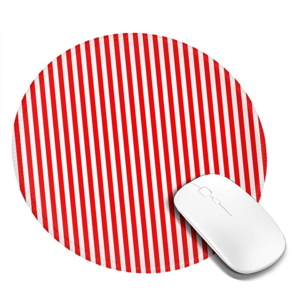 Red White Vertical Stripe Pattern Round MousePad Washable Non-Slip Rubber Base Small Mouse Mat, 7.9×7.9 inches