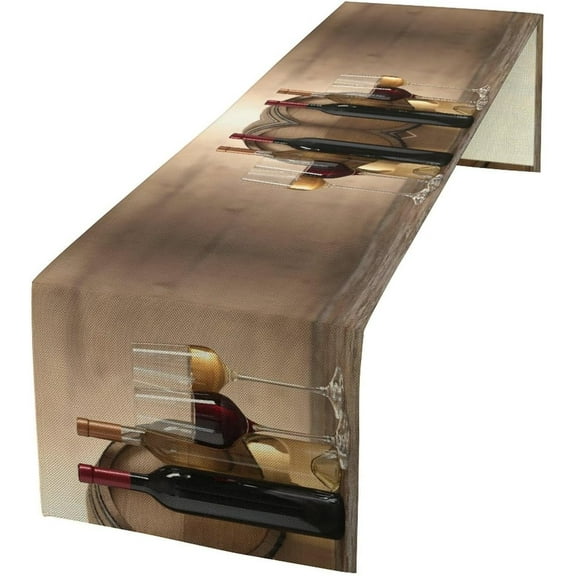 Red and White Wine Glasses Grape Wooden Keg Table Runner,Polyester Rectangle Table Cloth for Wedding Kitchen Party Holiday Dining Home Everyday 13x108 Inch