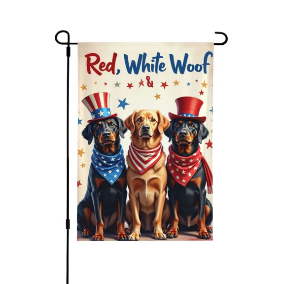 Red White Woof Patriotic Garden Flag 12x18 Inch Double Sided – American Dogs With Top Hats & Bandanas For Outdoor Lawn & Patio Decoration