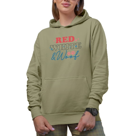 Red, White & Woof with Dog Paws, 4th of July Art Merch Gift, Sand Hooded Sweatshirt or Hoodie, Small