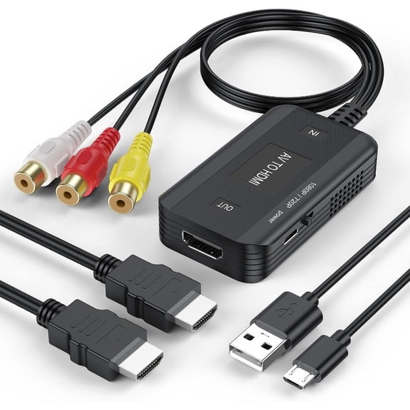 Red White Yellow To HDMI Converter, AV RCA To HDMI Adapter 1080p/720p for Wii SNES N64 PS1 PS2 PS3 GameCube XBOX VCR/VHS Player To TV Monitor