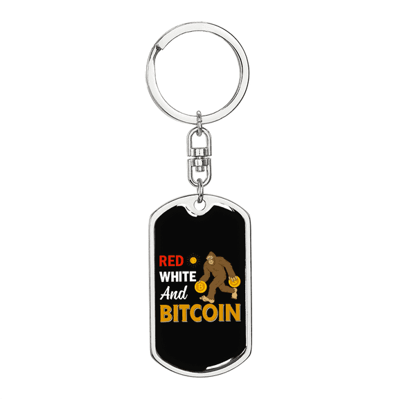 Red White and Bitcoin Gorilla Crypto Dog Tag Keychain Stainless Steel Silver Tone or Gold Tone