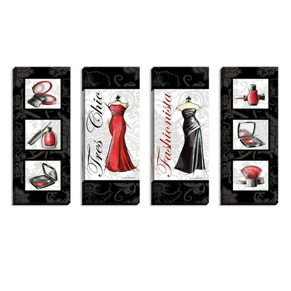 Red, White and Black Fashionista Makeup Nail Polish and Dress Panels; 4-8X20in Hand-Stretched Canvases
