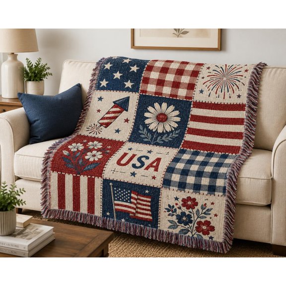 Red, White and Blue Americana Patchwork Stars, Flags and Florals Woven Blanket, 100% Cotton, Patriotic Home Accent