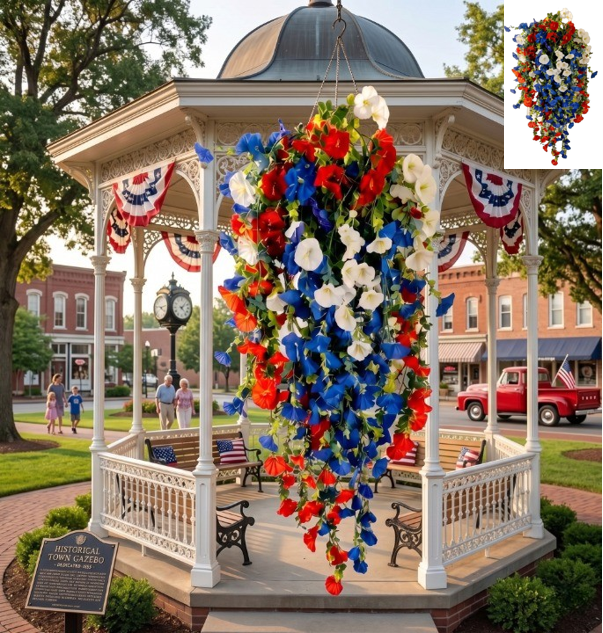 Red White and Blue Artificial Flowers for Outdoors, Patriotic Faux Floral Hanging Basket Decor for Veterans Day Housewarming Gift