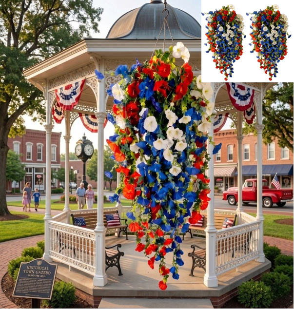 Red White and Blue Artificial Flowers for Outdoors, Patriotic Faux Floral Hanging Basket Decor for Veterans Day Housewarming Gift