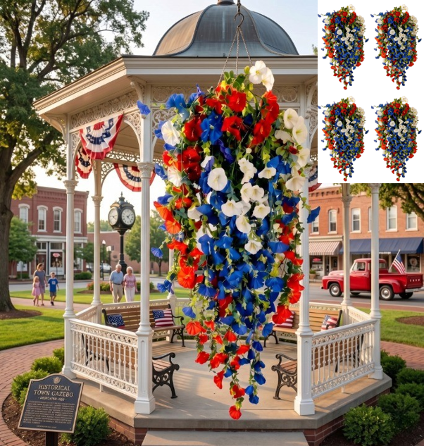 Red White and Blue Artificial Flowers for Outdoors, Patriotic Faux Floral Hanging Basket Decor for Veterans Day Housewarming Gift
