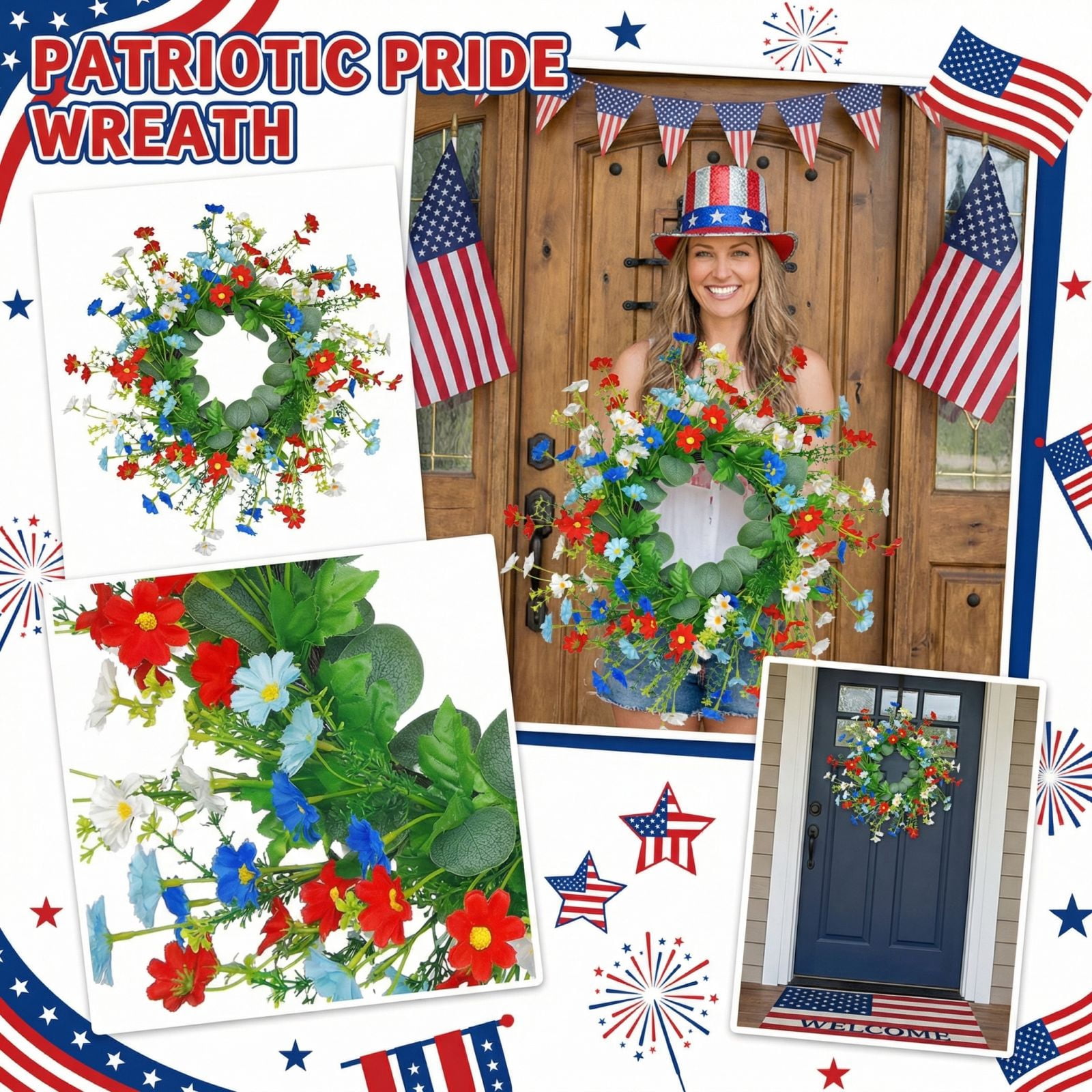 Red White and Blue Decorations Front Door Wreath Eucalyptus Decor ...