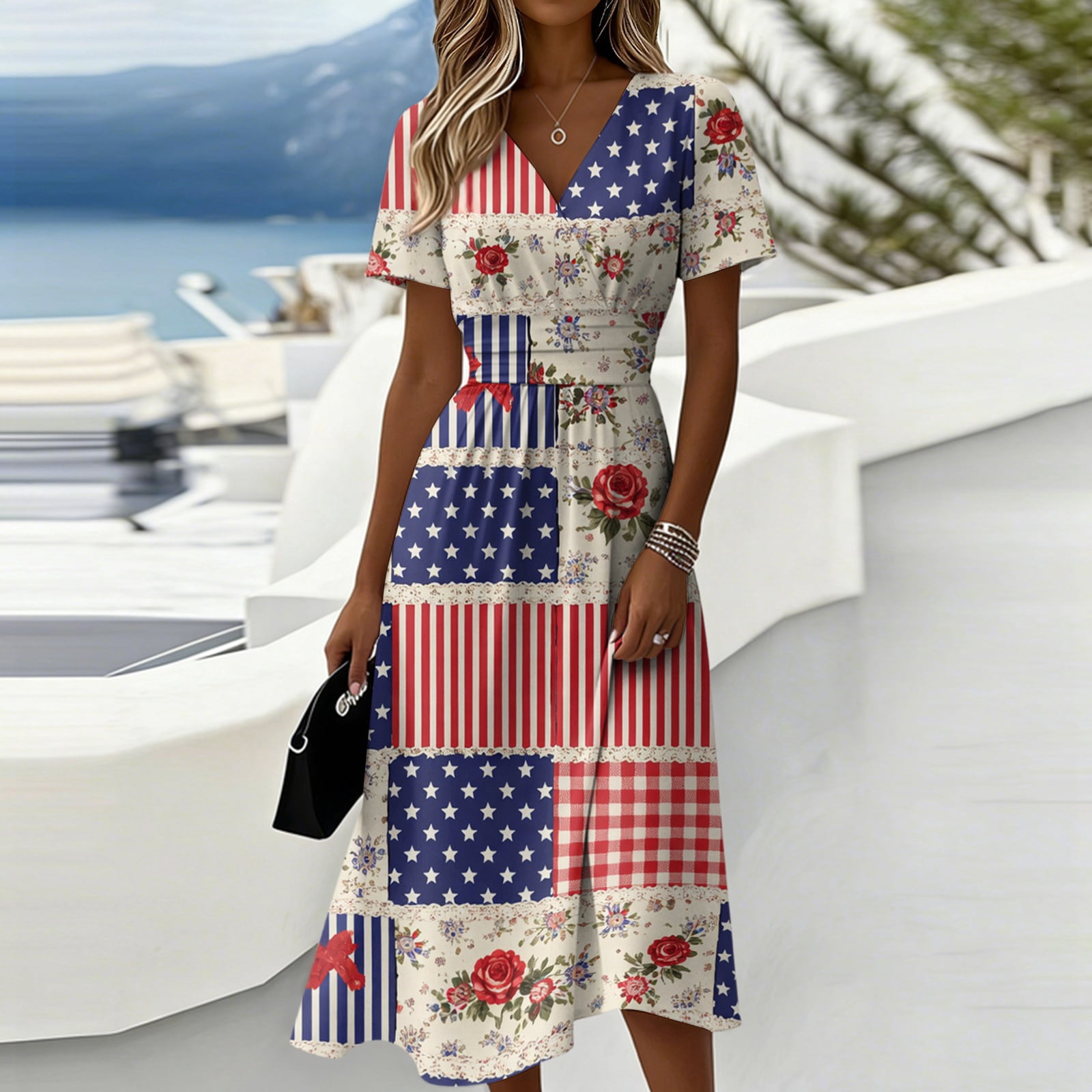 red white and blue dress for Women Independence Day Print Dress A Line Short Sleeve Dressy Cocktail Party Dress A Look at the Red,