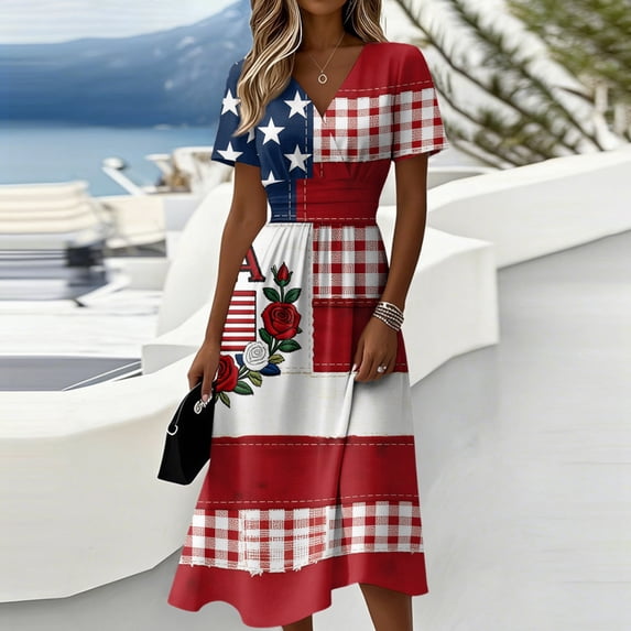 Red White and Blue Dress for Women Midi American Flag Dress Short Sleeve Midi Summer Long Dresses