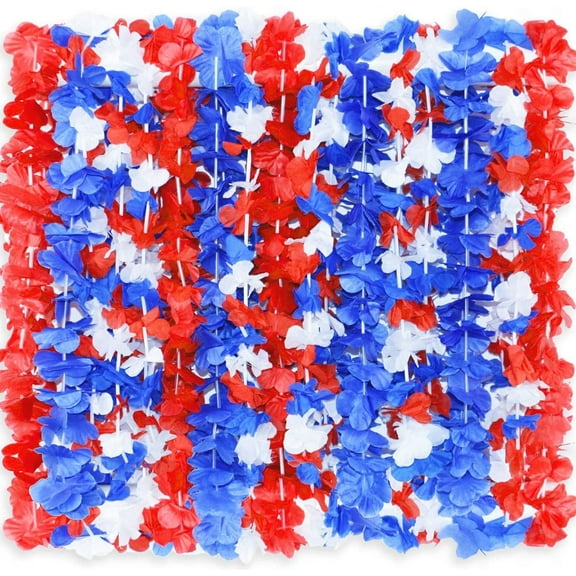 Red White and Blue Flower Leis, 4th of July Memorial Day Patriotic Decorations, LALASTAR Hawaiian Luau Flower Necklace Party Favors, Pack of 12