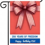 Red White and Blue Garden Flag A Red and White Checkered Bow on a Red Background 250 YEARS OF FREEDOM Happy Birthday USA!