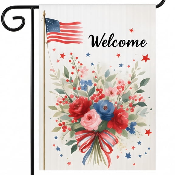 Red White and Blue Garden Flag Welcome 250 Year Anniversary 28x40 Inch Display Size 4th of July Outdoor Decorations