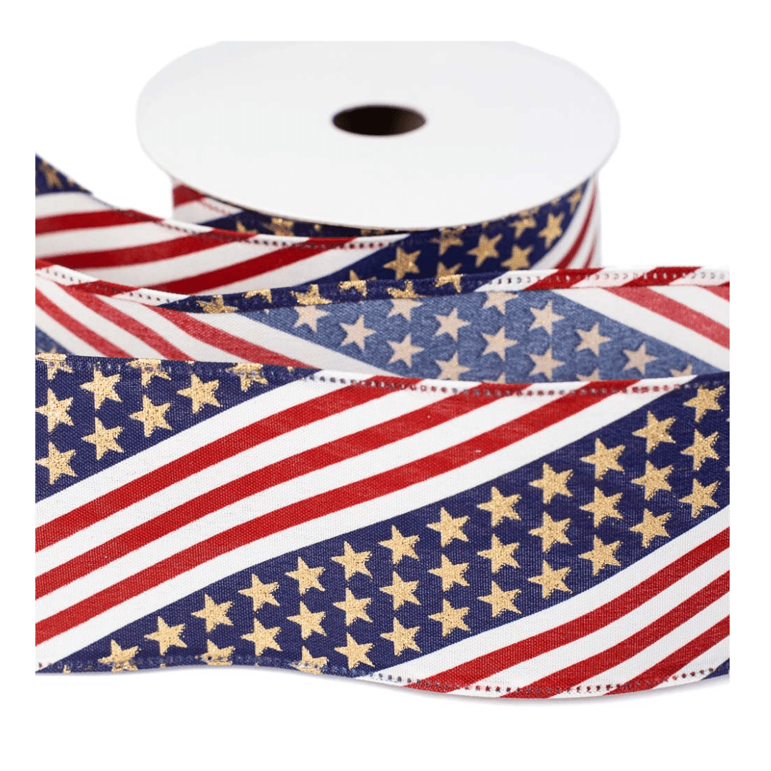 Red, White and Blue Glitter Stars and Stripes Wired Edge Ribbon