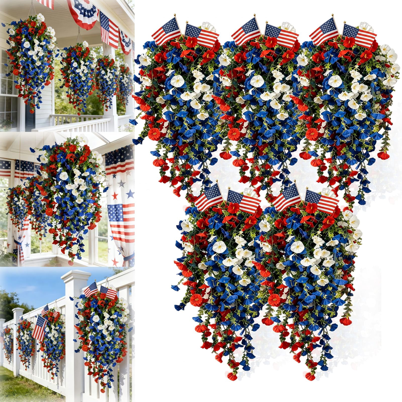 Red White and Blue Hanging Flowers, Red White and Blue Artificial Flowers for Outdoors Decorations, for Independence Day Decor