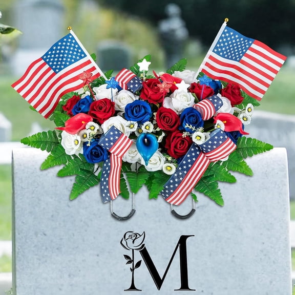Red White and Blue Headstone Flower Saddle for Cemetery Graves Outdoor Artificial Velvet Roses 26.7 x 17.3 x 7 Inches