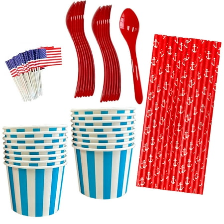 Red White and Blue Ice Cream Sundae Kit - 4th of July Party Supplies - Patriotic Treat Cups Spoons, American Flag Picks, Straws - 16 Each