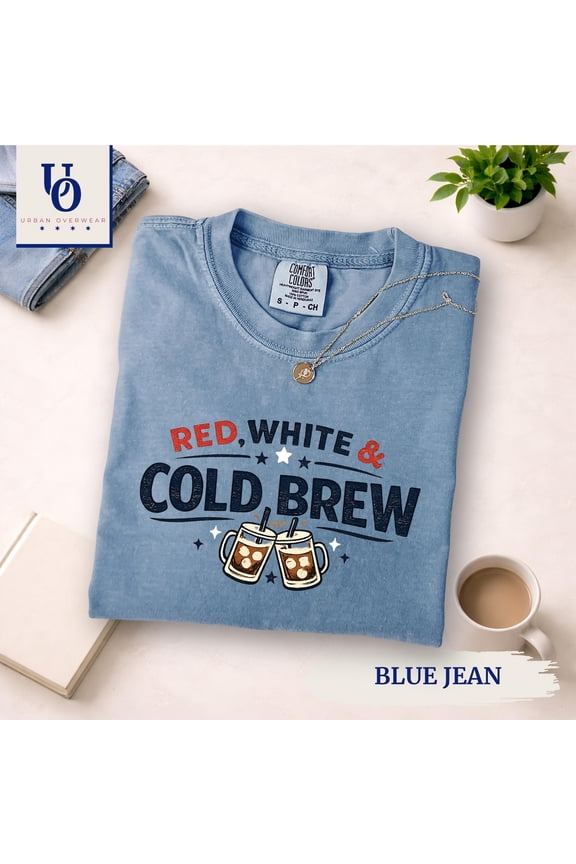 Red White and Cold Brew Shirt, Barista 4th of July Tee, Patriotic Iced Coffee Shirt, Summer Coffee Graphic Tee, Unisex Cotton T-Shirt, Size S-3XL