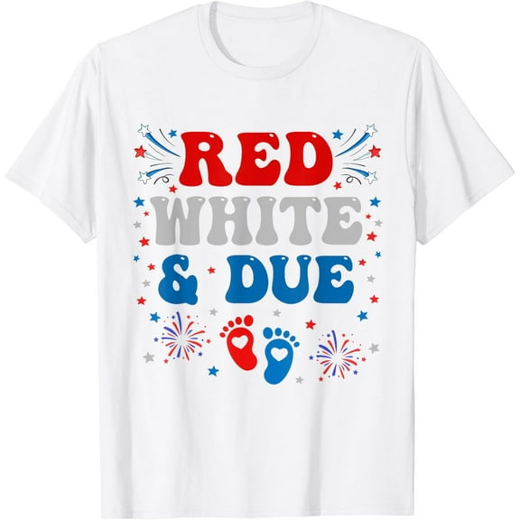 Red White and Due 4th of July Pregnancy Dress Baby Reveal T-Shirt
