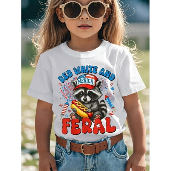 Red White and Feral Funny Raccoon USA 4th Of July Kids Novelty Aesthetic Graphic Kid T-Shirt Fashion Kid T Shirts Streetwear Tees Tops