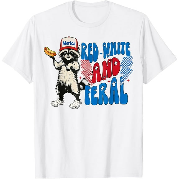 Red White and Feral Raccoon Funny USA 4th of July Boys Girls T-Shirt TShirt