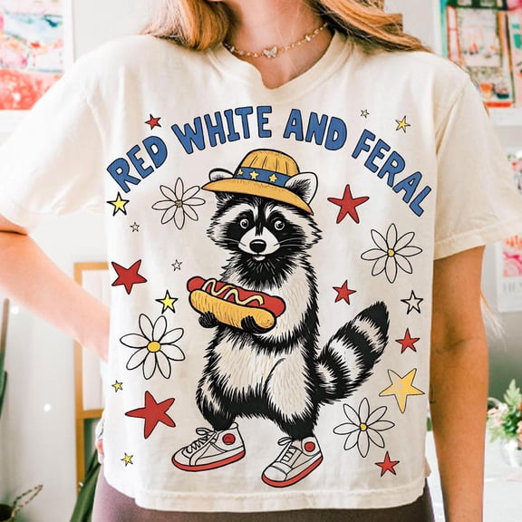 Red White and Feral T-Shirt, Funny Raccoon Hot Dog Tee, Kids 4th of July Shirt, USA Independence Day Toddler T-Shirt