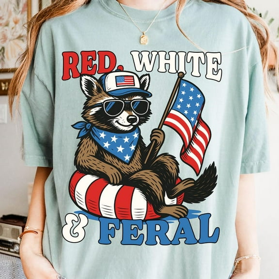 Red White and Feral T-Shirt – Funny Raccoon and Hotdog for Wild 4th of July Party Vibes