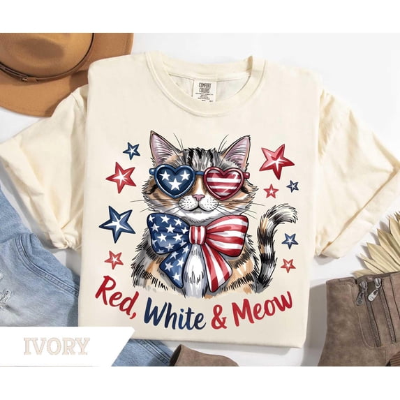 Red White and Meow Shirt USA 250th Anniversary Tee Funny Patriotic Cat Lover Shirt Cat Mom