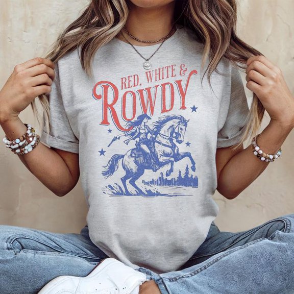 Red White and Rowdy Cowgirls Women's Graphic Tee 100% Cotton by TBun, Full Sizes S-5XL