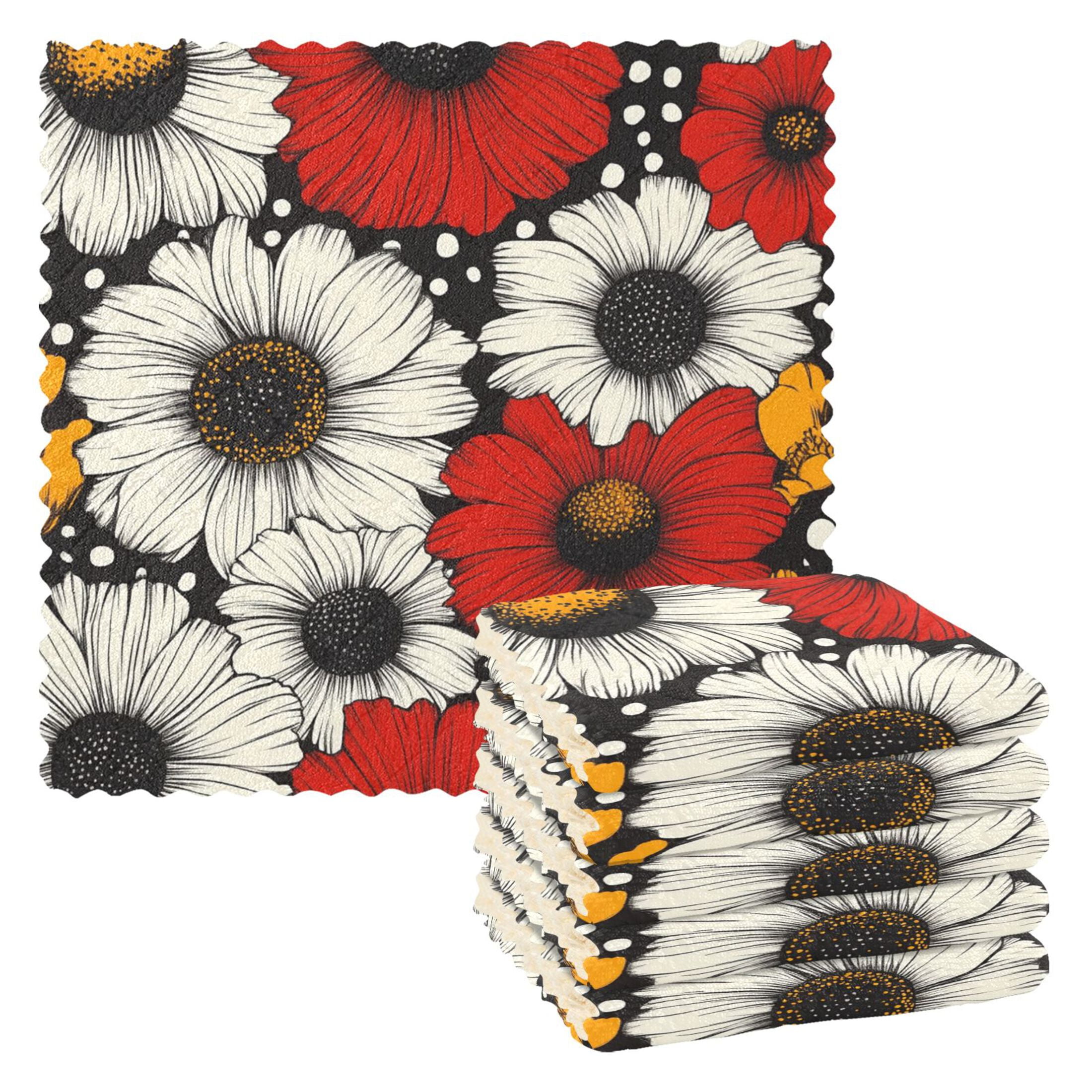 Red White and Yellow Daisies Kitchen Cloth Dish Towels for Drying
