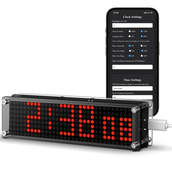 Red WiFi Matrix Clock with Time Sync,Custom NTP Settings, Adjustable Brightness, No Leading Zero,for Home/Office Use
