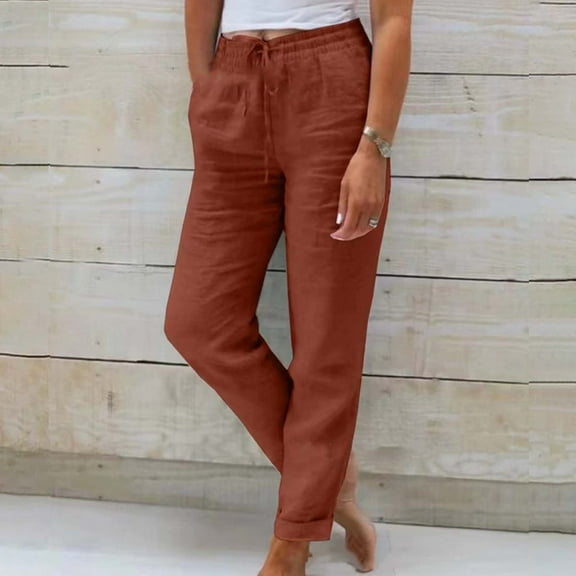 Red Wide Leg Sweatpants Women's Fashionable and Casual Summer Elastic High Waisted Solid Color Cotton and Linen Loose Trousers Fashion Clothing