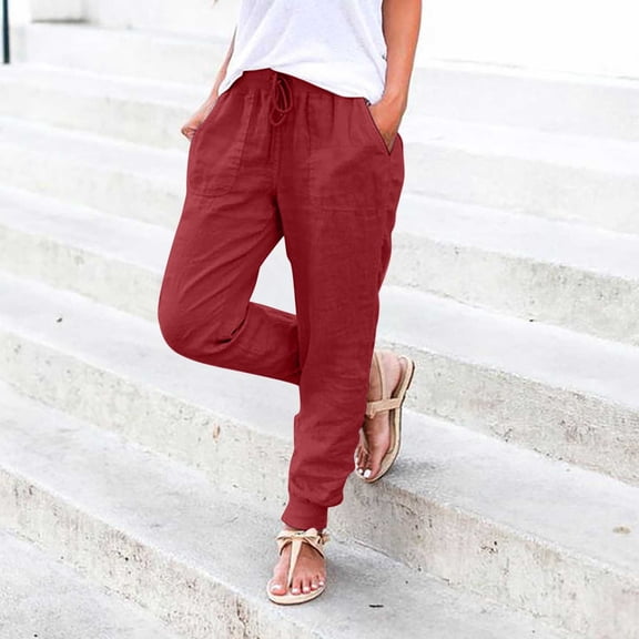 Red Wide Leg Sweatpants Womens Elastic Waist Pants Casual Trousers with Pockets Fashion Clothing
