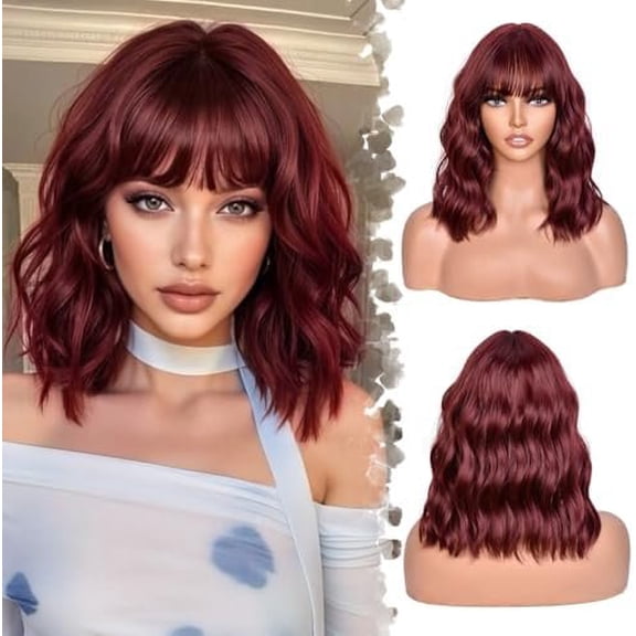 Red Wig With Bangs Wave Bob Wigs for Women 14 Inch Short Loose Wavy Heat Resistant Synthetic Wig Length Hair for Daily and Cospaly Party Use