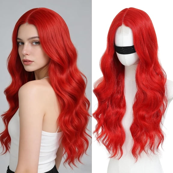 Red Wigs for Women Long Wavy Red Wig with Middle Part Natural Lace Hairline Heat Resistant Synthetic Wigs for Daily Party Cosplay-26 Inch