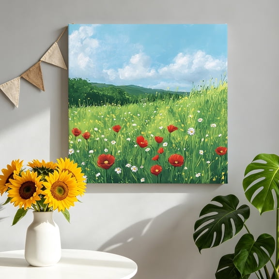 Red Wildflower Canvas Wall Art for Living Room, Spring Retro Flower Green Grass Blue Sky Watercloor Poster Print Painting for Bedroom Office Home Decoration Wall Pictures Prepare To Hang 8"x8"