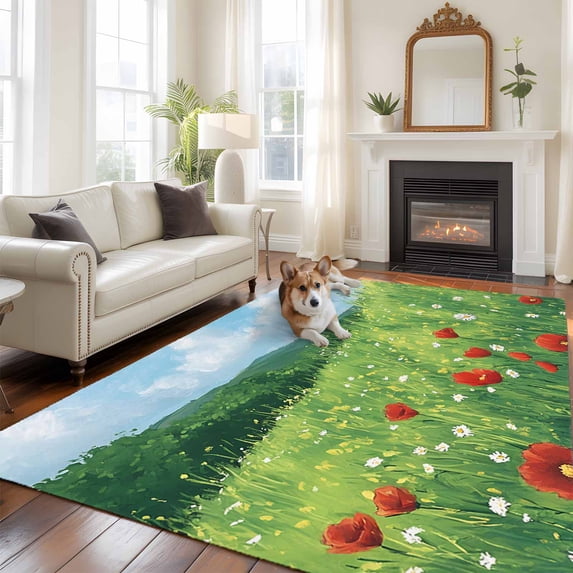 Red Wildflower Large Area Rugs 5x8 ft Spring Retro Flower Green Grass Blue Sky Watercloor Washable Rug Non Slip Indoor Carpet Absorbent Floor Mat for Living Room Bedroom Dining Room