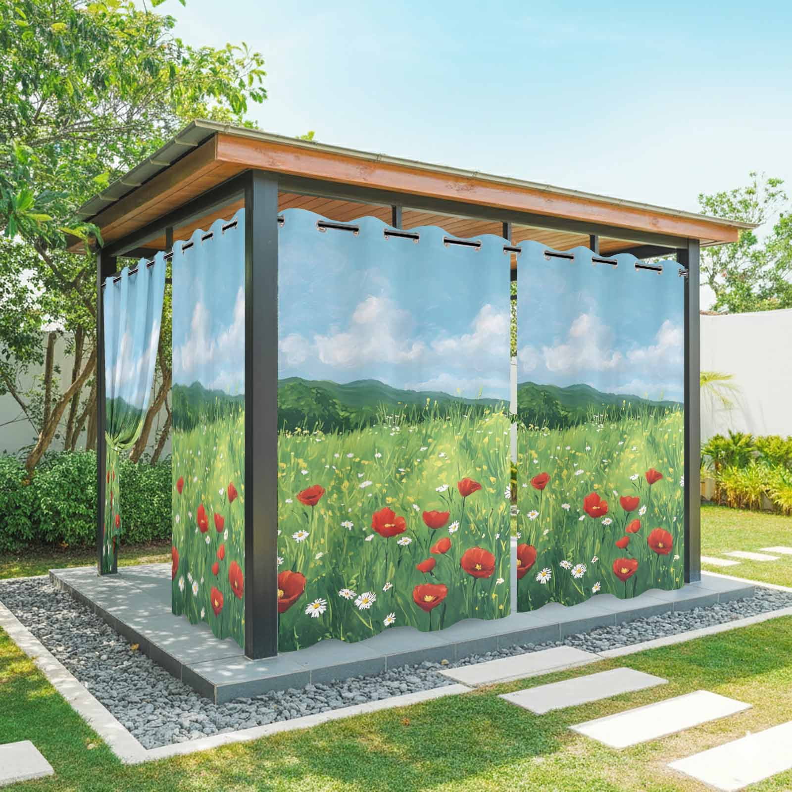 Waterproof Spring Red Wildflower Outdoor Curtains for Patio Waterproof, Spring Retro ...