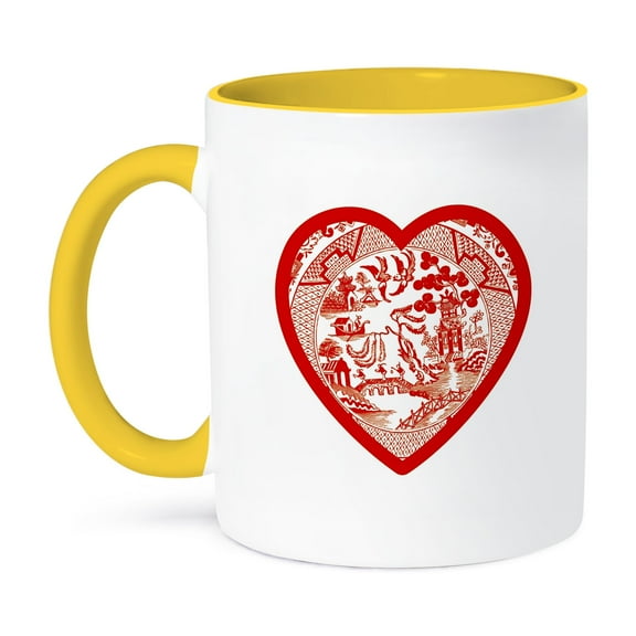 3dRose, Red Willow Pattern Heart on White Background, 11oz Two-Tone Yellow Mug