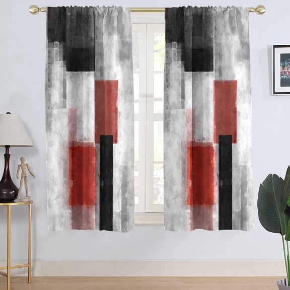 Red Window Curtain Black and White Grey Gray Modern Abstract Dark Mens Boys Cool Anime Minimalist Living Room Bedroom Rod Pocket Drapes Treatment Fabric 1 Pair Home Decor, 42" W x 63" L, Art