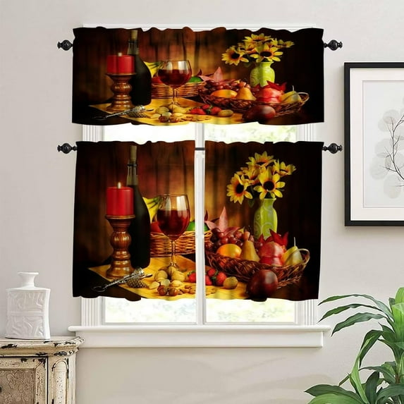 Red Wine 3 Piece Curtains and Valances Set Red Wine Flowers Fruits and Nuts with Candle, Window Treatment for Kitchen Livingroom(36" L Tiers & 18" L Valance)