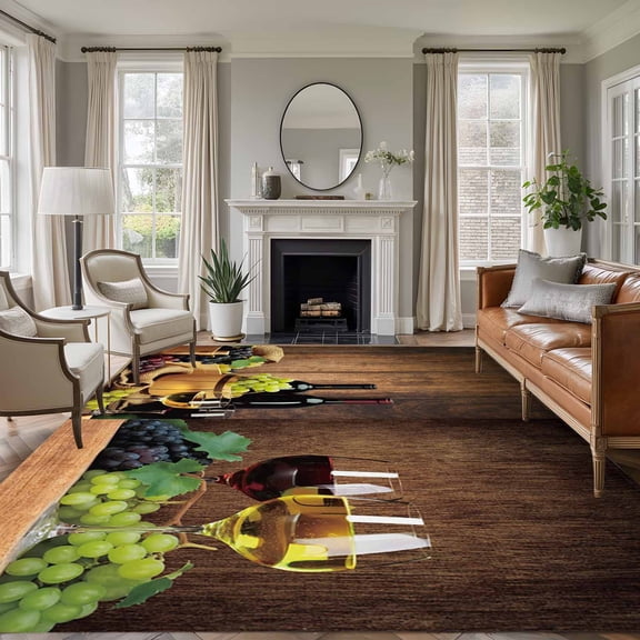 Red Wine 6'x9' Area Rug for Living Room, Grapes Glasses Country Wooden Farmhouse Washable Non-Slip Floor Mat Rugs for Bedroom Dining Room, Indoor Large Carpet for Classroom, Nursery Rugs for Playroom