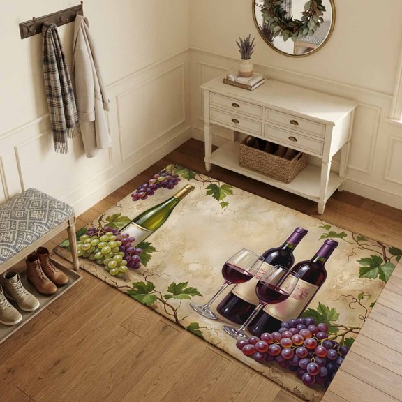 Red Wine Area Rugs 3'x5', Washable Small Throw Rugs for Living Room Bedroom, Grapes Rustic Bottles Farmhouse Italian Manor Indoor Outdoor Rug Non-Slip Low Pile Carpet Runner Reversible Floor Mats