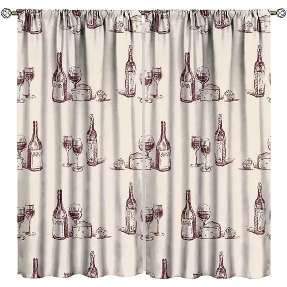 Red Wine Blackout Curtains, Bottles Glasses Grapes Retro Abstract Rod Pocket Window Drapes, for Living Room Bedroom Kitchen 72" W X 63" L