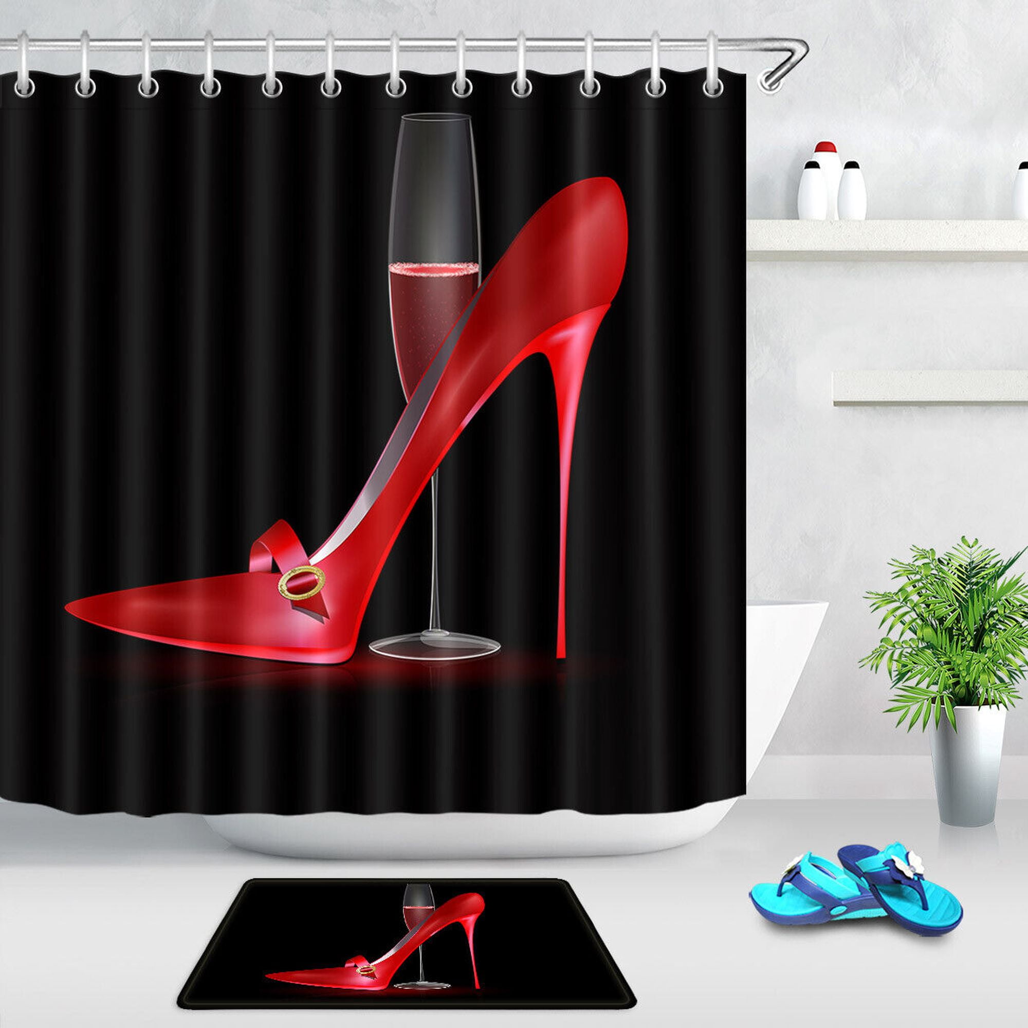 Red Wine Chic Black High Heels & Shower Curtain Set for a Glamorous