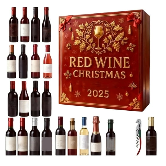 Red Wine Christmas 2025 Advent Calendar Gift Box with 24 Assorted Bottles and Corkscrew for Holiday Celebration Display