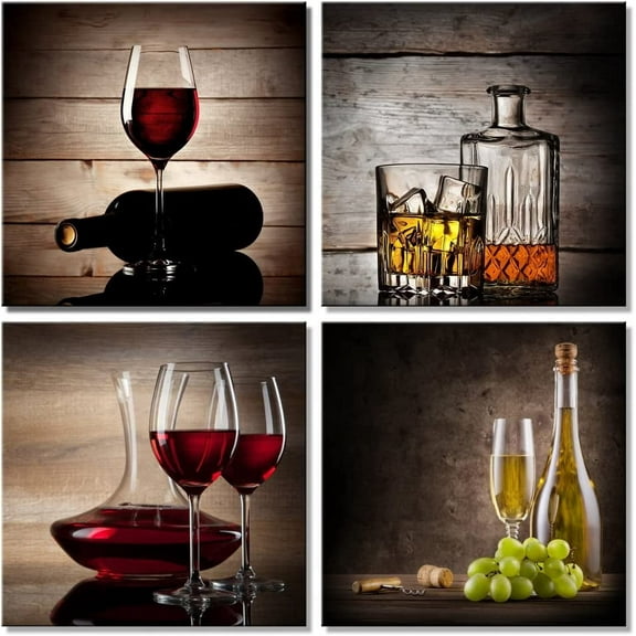 Red Wine Cups Modern Kitchen Wall Art Dinning Room Wall Decor 4 Panels Abstract Canvas Prints Artwork Contemporary Vintage Pictures Paintings on Canvas Wall Art for Kitchen Home Decorations