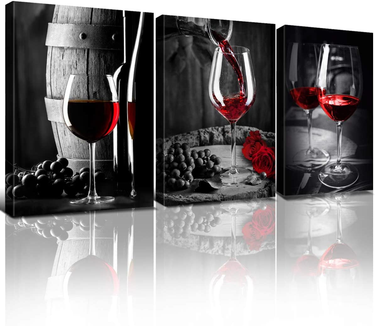 Red Wine Dining Room Wall Art Black and White Glass Cup Canvas Painting