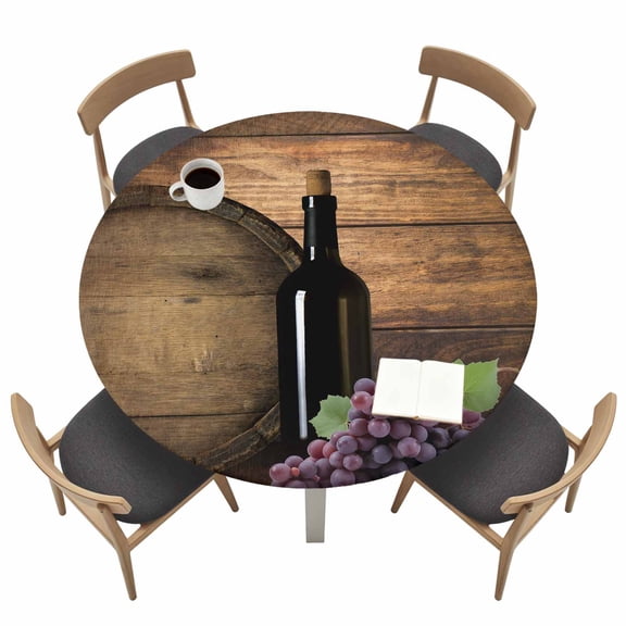 Red Wine Fitted Tablecloth with Elastic Edged, Round Table Cloth for Dining Table, Grapes Farmhouse Wooden Grain Country Waterproof Oil Proof Table Cover for Indoor Outdoor 36"-44"
